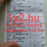 Nyomtatott fogadószelvény kézzel írt mérkőzéseredményekkel, pipákkal és 134.98-as eredő oddsszal.