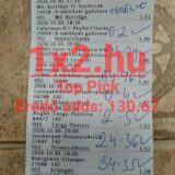 Nyomtatott sportfogadási szelvény kézzel beírt eredményekkel, rajta piros 42.hu Top Pick vízjellel és odds adatokkal.