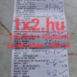 Kinyomtatott Tippmix sportfogadási szelvény kézzel írt eredményekkel és pipákkal, 106,04-es eredő odds-szal.