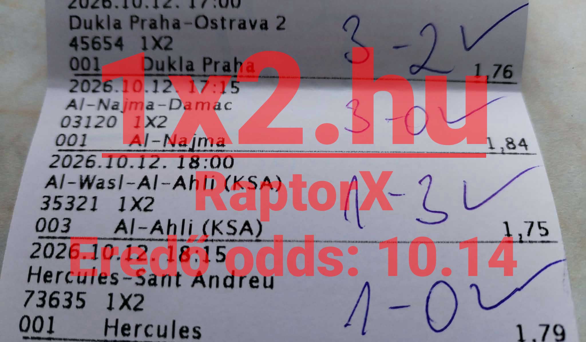 Nyomtatott sportfogadási szelvény több labdarúgó-mérkőzés tippjeivel, kézzel írt eredménnyel és eredő odds jelöléssel.