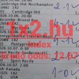 Papíralapú sportfogadási szelvény, amelyen öt különböző mérkőzés tippjei, oddsai és kézzel írt eredményei láthatóak.