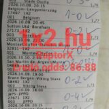 Papíralapú sportfogadási szelvény kézzel írt mérkőzéseredményekkel és 86,88-as eredő oddsszal.