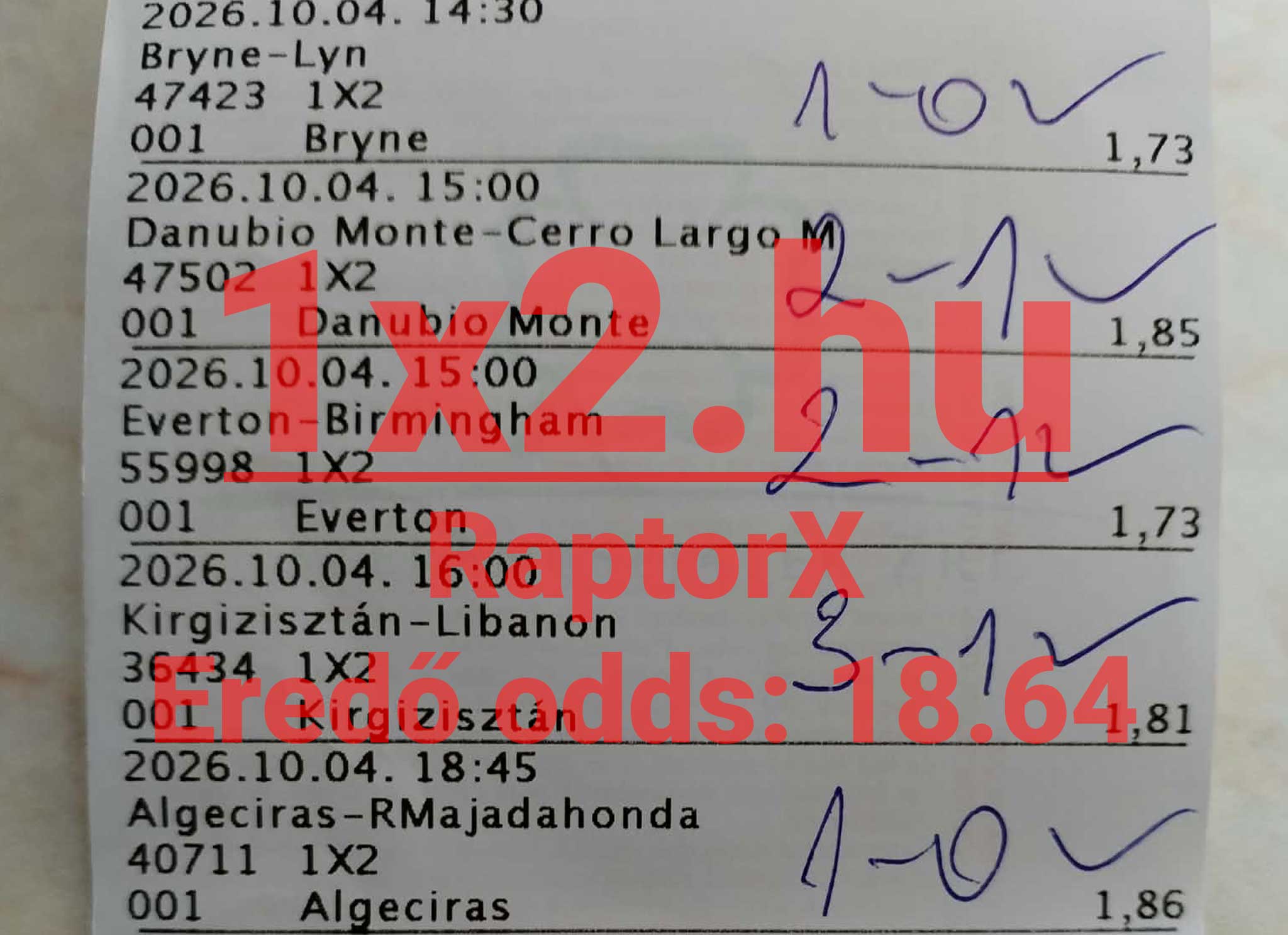 Nyomtatott sportfogadási szelvény több futballmérkőzés tippjével, oddsokkal és kézzel ráírt végeredményekkel. A szelvényen szereplő eredő odds értéke 18.64.