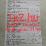 Nyomtatott sportfogadási szelvény kézzel írt eredménnyel és pipákkal, amin egy 41.90-es eredő odds látható.