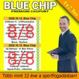 Sárga hátterű hirdetőgrafika a 1x2.hu Blue Chip Prémium Csoport sportfogadási tippjeivel és egy öltönyös tanácsadóval.