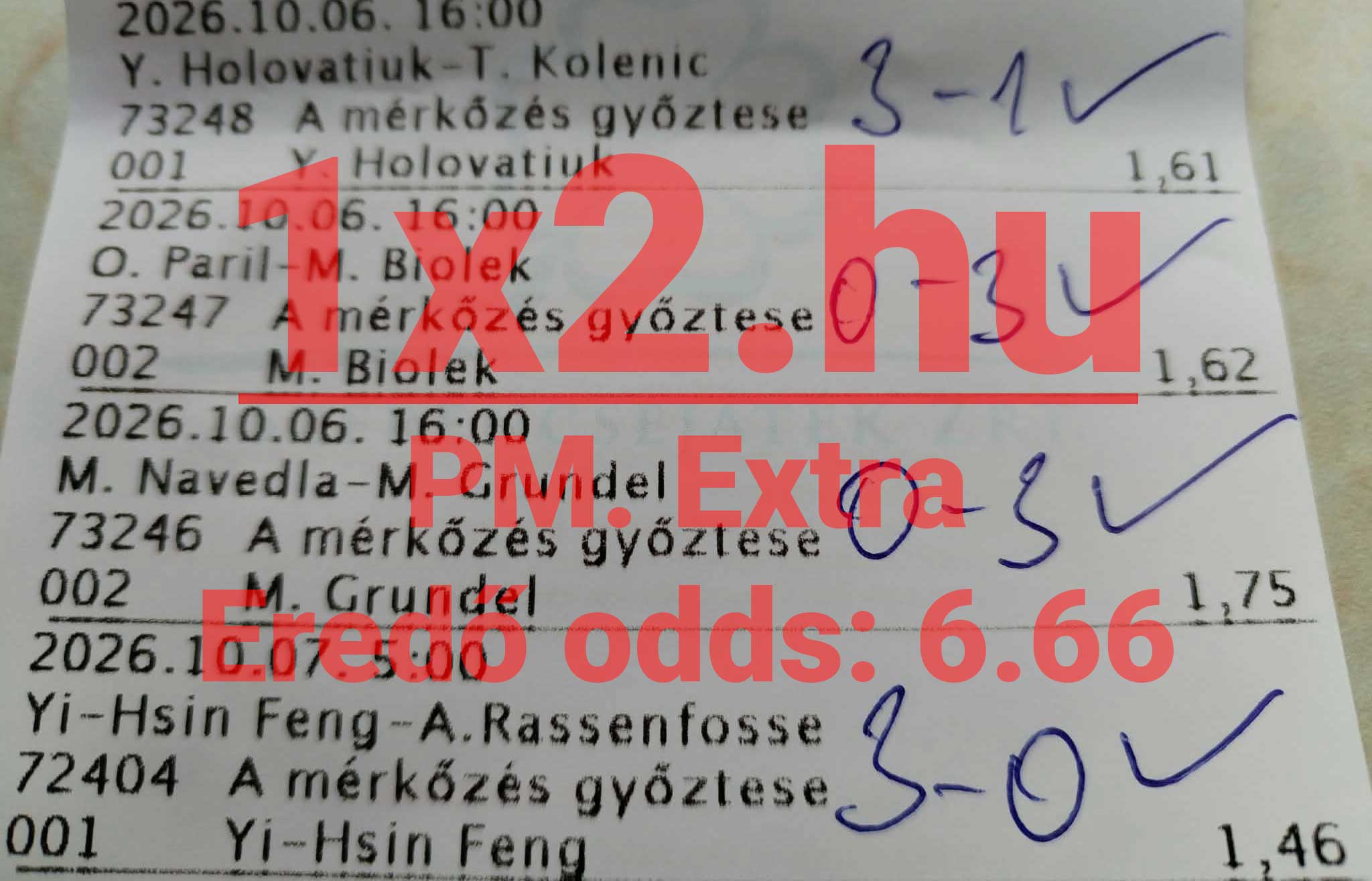 Nyomtatott fogadási szelvény asztalitenisz mérkőzésekkel, kézzel írt eredményekkel és 6.66-os eredő oddsszal.